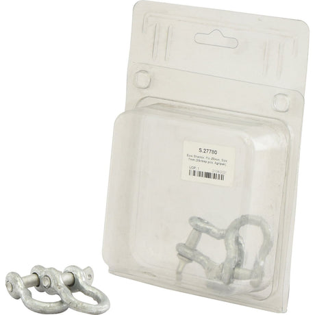 Two mild steel bow shackles near plastic packaging labeled with Sparex product details, specifically for "Bow Shackle, Pin Ø8mm, Size: 7mm (2 pcs. Agripak)" under Sparex Part No. S.27780.