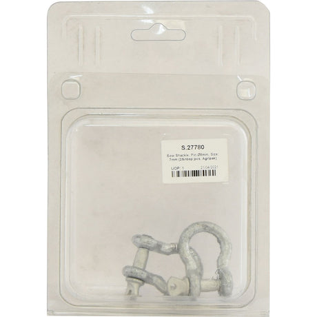 This Sparex packaged bow shackle, with an 8mm pin and a size of 7mm, is drop-forged from mild steel. The product is silver and comes in a clear plastic clamshell with a white label displaying the item number S.27780.