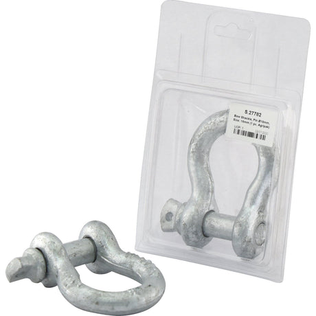 The Sparex Bow Shackle (Sparex Part No. S.27782) with a 19mm screw pin and a size of 16mm, is displayed both in and out of clear plastic packaging (1 pc. Agripak). Durable and robust, this shackle is perfect for heavy-duty applications, ensuring reliability when you need it most thanks to the renowned Sparex quality.