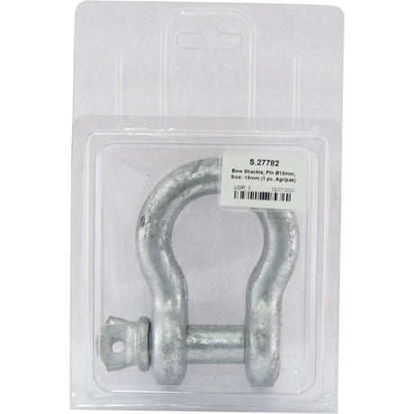 A Bow Shackle with a pin diameter of 19mm and size 16mm, made from drop forged mild steel, is packaged in plastic with a Sparex label displaying the product details (Sparex Part No. S.27782).