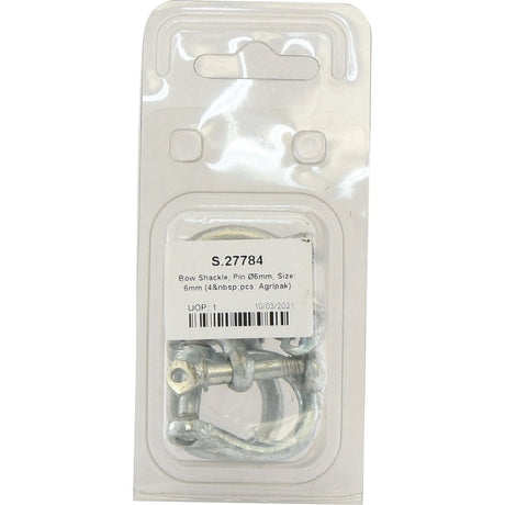 A packaged Sparex bow shackle set with product information: "Bow Shackle, Pin Ø6mm, Size 6mm (4 pcs. Agripak), Sparex Part No. S.27784." These drop-forged shackles have a metallic appearance and are sealed in a transparent plastic package.