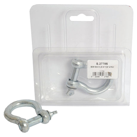 A Sparex Bow Shackle with a Pin diameter of 10mm is packaged in plastic and includes an extra shackle placed in front. The mild steel shackles are drop forged, and the packaging features a label with the product code "S.27785" along with a barcode.