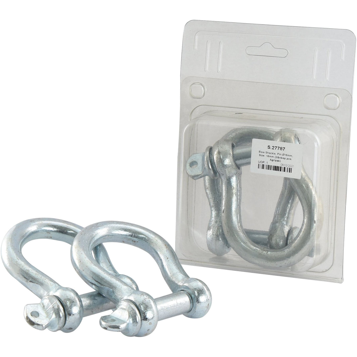 Two Bow Shackles, crafted from drop forged mild steel, with a pin diameter of 16mm and size of 16mm, with one in Sparex packaging (Sparex Part No. S.27787).