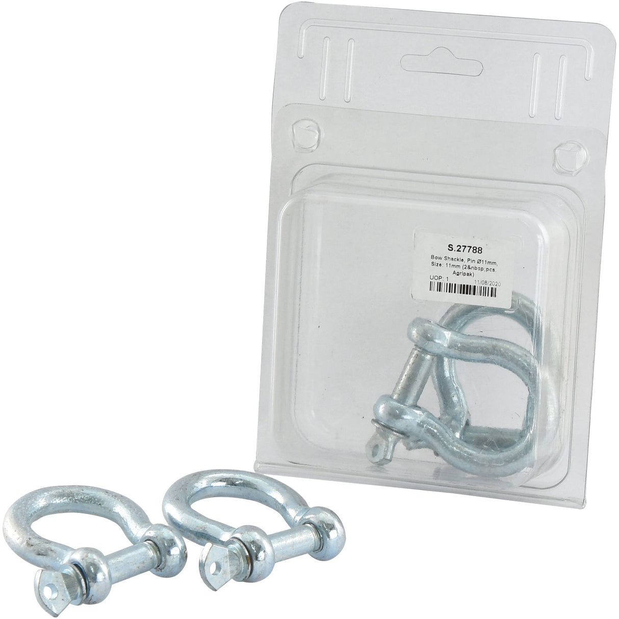 Two Bow Shackles, each with an 11mm pin diameter made from drop forged mild steel, are shown—one inside the plastic package and one outside. The package features a label with text and a barcode, identifying it as a reliable Sparex alternative under Sparex Part No. S.27788 (2 pcs. Agripak).