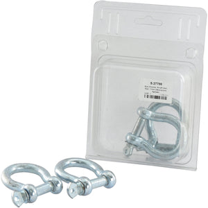 Two Bow Shackles, each with an 11mm pin diameter made from drop forged mild steel, are shown—one inside the plastic package and one outside. The package features a label with text and a barcode, identifying it as a reliable Sparex alternative under Sparex Part No. S.27788 (2 pcs. Agripak).