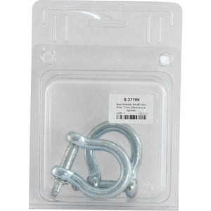 The packaging contains two Bow Shackles with 11mm pins, made from drop forged mild steel, and is displayed in a clear plastic casing with a label. Product Name: Bow Shackle, Pin Ø11mm (2 pcs. Agripak), Sparex Part No.S.27788 by Sparex.