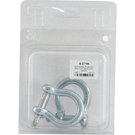 The packaging contains two Bow Shackles with 11mm pins, made from drop forged mild steel, and is displayed in a clear plastic casing with a label. Product Name: Bow Shackle, Pin Ø11mm (2 pcs. Agripak), Sparex Part No.S.27788 by Sparex.