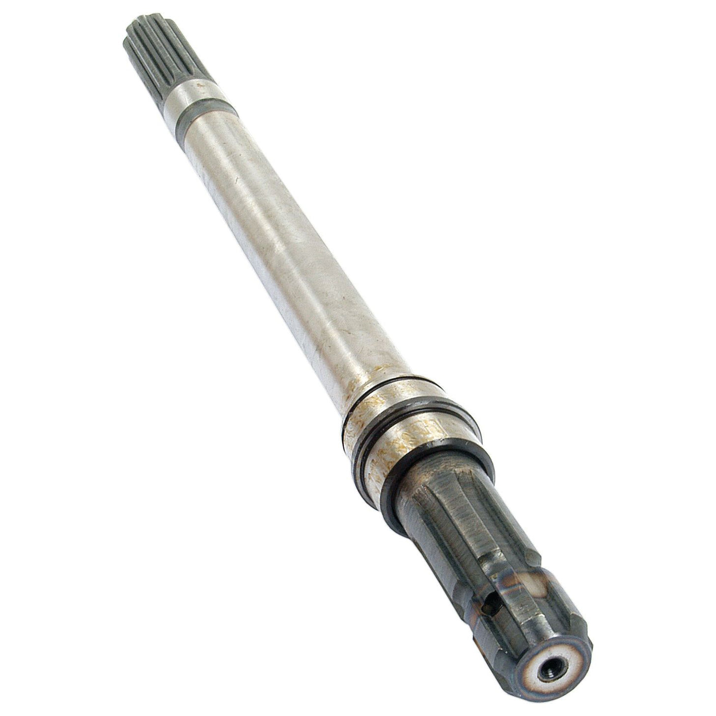 A Sparex Transmission PTO Output Shaft (Part No. S.277) is a metallic machinery component featuring a helical spline on one end and a smooth cylindrical shaft on the other, designed to be compatible with Massey Ferguson tractors.