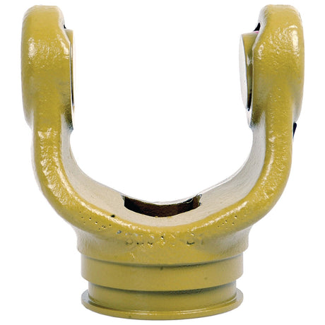 The Sparex PTO Yoke - Shaft Weld Yoke (Sparex Part No.S.27800) is a yellow-painted metal U-shaped component designed for mechanical or automotive use, compatible with the Weasler North American 55 Series universal joint dimensions and features a profile square with a bore diameter of 1 5/16 inches.