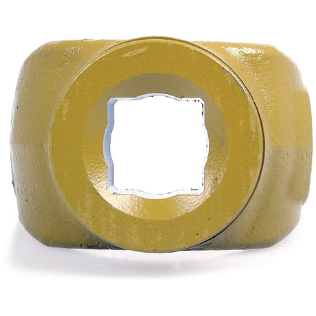 Front view of a yellow industrial tool head with a square opening in the center, showcasing the precision engineering of the Sparex PTO Yoke - Shaft Weld Yoke (U/J Size 1 17/32'' x 4 5/16'') Profile Square, Bore Ø 1 5/16''.