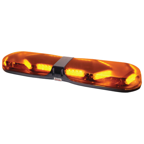 The LED Aerolite Bar - 4 Bolts, 12-24V (S.27818) by Sparex is an amber emergency vehicle light bar featuring multiple LED lights and a black central mounting bracket, suitable for various types of vehicles.