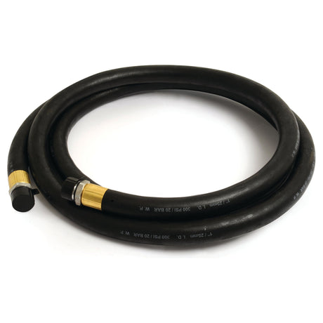 A coiled black Sparex Fuel Delivery Hose, 4 meters in length and 3/4 inch in diameter, with brass fittings on both ends - Sparex Part No. S.27839.