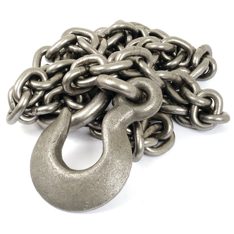 The Sparex Galvanised Steel Towing Chain, 10mm x 3.5m (Part No. S.27843), with a Safe Working Load of 1680kgs, features a large hook and comes coiled in a pile.