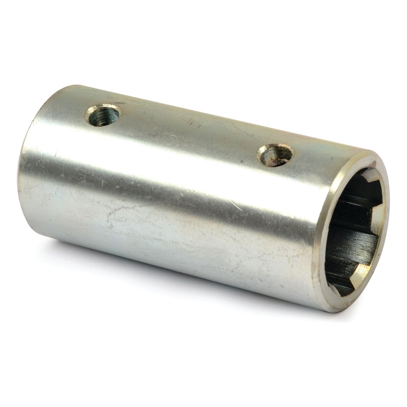 A cylindrical metal connector with two holes on its surface, used for joining components, often referred to as a PTO Splined Coupling - Female Spline 1 3/8'' - 6 with - S.27864 from Sparex.