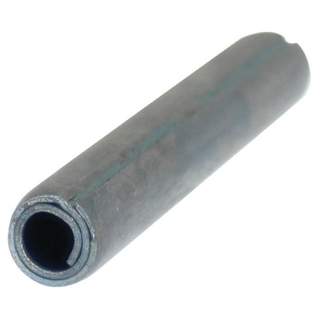 A low-angle view of a dark gray cylindrical hollow metal rod with a longitudinal split, closely resembling the Sparex Metric Spirol Pin Ø10 x 80mm (DIN 7343), Part No. S.2786.