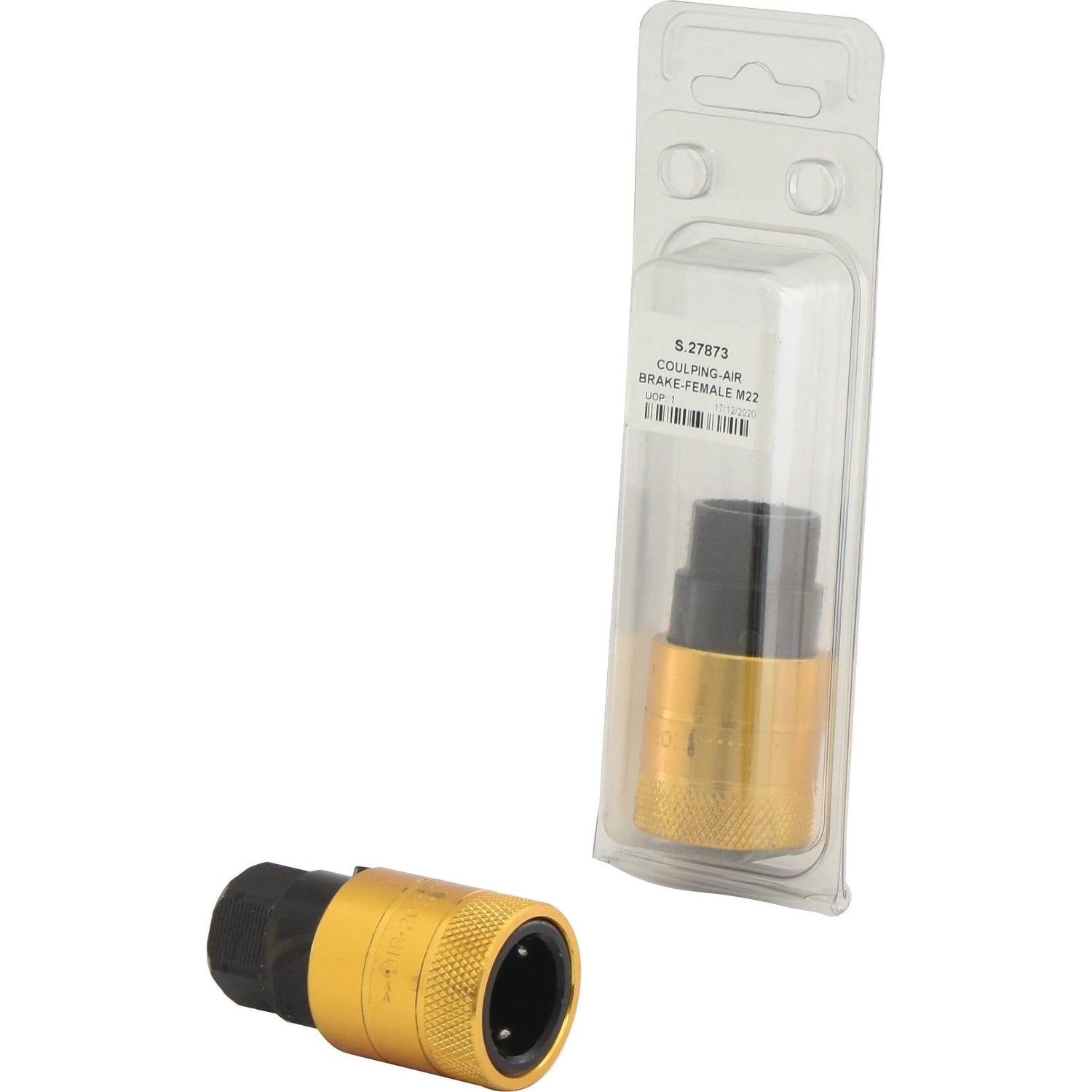 A metallic Trailer Air Brake Coupling, Female (Service) component in gold and black, featuring a Sparex Part No. S.27873, shown both inside and outside its clear plastic packaging.