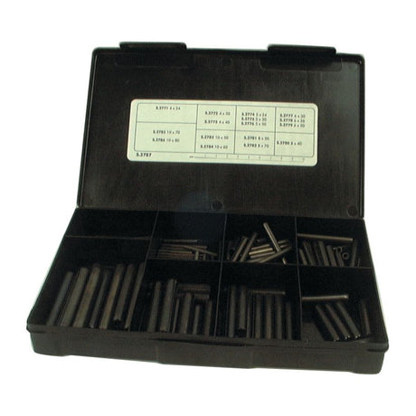 A black plastic case with an open lid showcases the Metric Spirol Pin Kit | Sparex Part No.S.2787, featuring an assortment of metal dowel pins neatly organized into compartments. A label on the inside of the lid details sizes and quantities, highlighting Metric Spirol Pin options that conform to DIN 7343 standards, all from the brand Sparex.