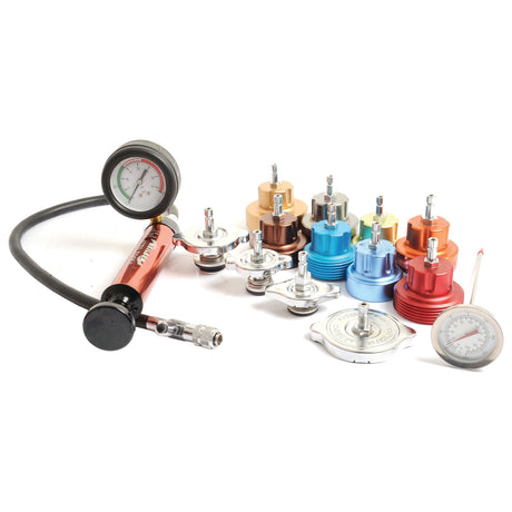 Sparex's Radiator Pressure Testing Kit - S.27898 includes a pressure gauge with hose, various adapters in different colors, and a thermometer, making it suitable for professionals who require detailed product specifications.