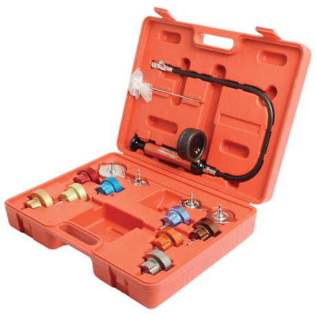 A red plastic case containing the Sparex Radiator Pressure Testing Kit - S.27898, which includes various adapters, a pressure gauge, and hoses; suitable for information regarding product specifications and manufacturing details.