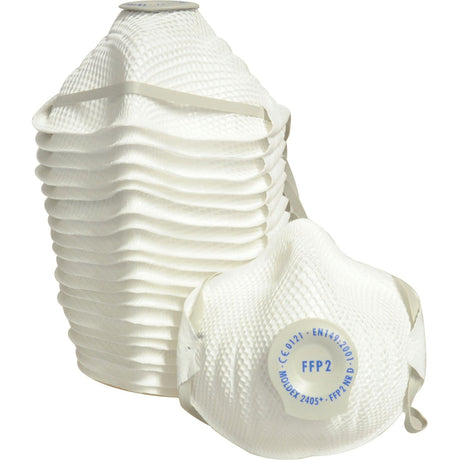 A stack of white Sparex Disposable Dust Masks - FFP2 with elastic straps, branded by Sparex (Part No. S.27972), with one mask placed in front displaying the certification details and emphasizing its filtering efficiency, from a box of 20 pieces.