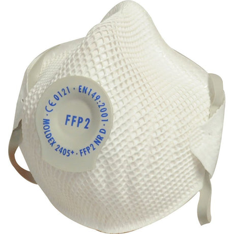 A white Sparex Disposable Dust Mask - FFP2 (Sparex Part No. S.27972) featuring an exhalation valve, high filtering efficiency, CE certification marking, and elastic head straps.