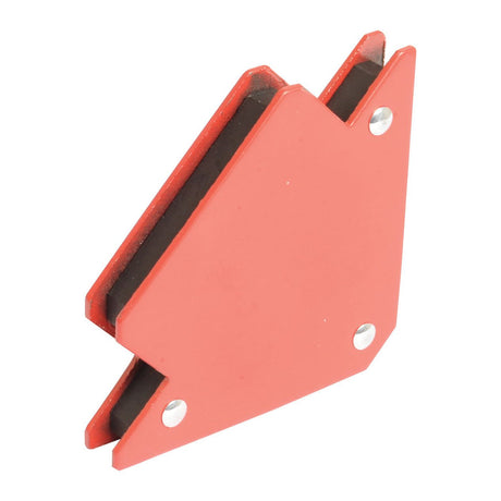 The Magnetic Welding Aid - 11kgs (Sparex Part No. S.27979) by Sparex is a red, triangular-shaped tool with a notch and three rivets, designed for securely holding ferrous metals at various angles.