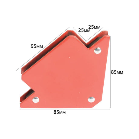 The Sparex Magnetic Welding Aid (Sparex Part No. S.27979) is a red, triangular metal tool made from ferrous metals, and has dimensions of 95mm in height, 85mm in width, and 25mm in thickness. This versatile item features various angles and side lengths of 85mm and 25mm, making it an ideal magnetic welding aid capable of holding up to 11 kgs.