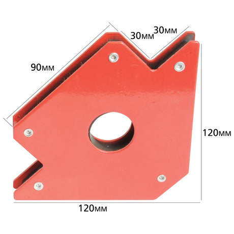 Suitable for holding metal pieces together, the Sparex Magnetic Welding Aid - 50lbs - S.27980 is a red triangular welding magnet with dimensions of 120mm in height, a 120mm base, a 90mm side, and is 30mm thick.