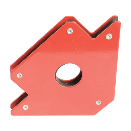 Introducing the Sparex Magnetic Welding Aid - 50lbs - S.27980, a red metal magnetic holder with a central hole and a fixed triangular shape featuring a V-notch, perfect for various welding applications.