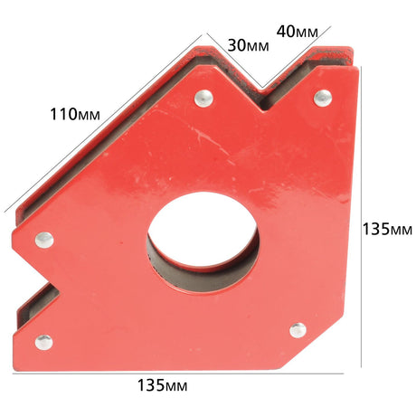 The Magnetic Welding Aid - 75lbs - S.27981 by Sparex is a red holder with dimensions of 135mm x 135mm, a height of 110mm, a thickness of 30mm, and a side measurement of 40mm. Ideal for various welding tasks, this tool's manufacture ensures durability and precision in your projects.