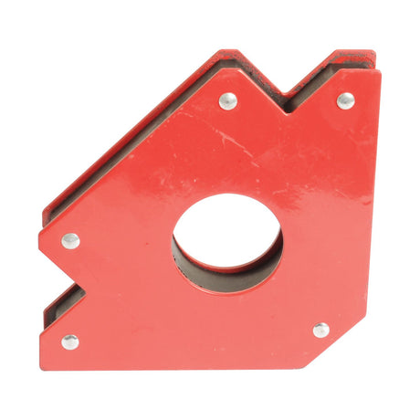 The Magnetic Welding Aid - 75lbs - S.27981 by Sparex is a red magnetic welding holder suitable for various projects, featuring a circular hole in the center and five screw points on its surface.