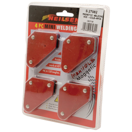 A blister pack containing four red magnetic welding aids, labeled with "Sparex," states they are Magnetic Welding Aid - 4.5kgs with a maximum holding capacity of 10 lbs. This handy welding tool is perfect for precise work and quick setups.