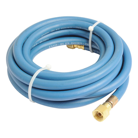 OXYGEN WELDING HOSE-5/16''x5M by Sparex (Part No. S.27984) is a coiled blue hose designed for oxygen use, with brass connectors and secured with white ties.