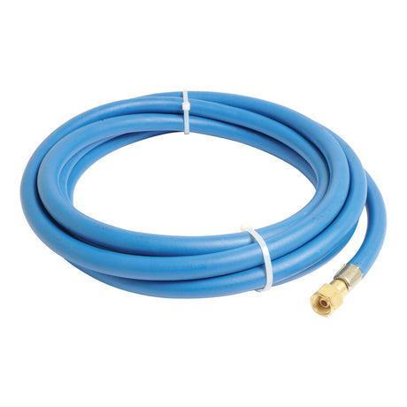 A coiled Sparex OXYGEN WELDING HOSE-3/8''x5M - S.27985, featuring brass fittings and secured with two white tie straps, suitable for various applications.