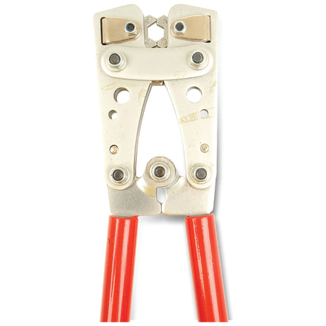 Close-up of the Sparex Crimping Tool - S.27989, featuring a metal head and red handles, ideal for crimping electrical connectors.