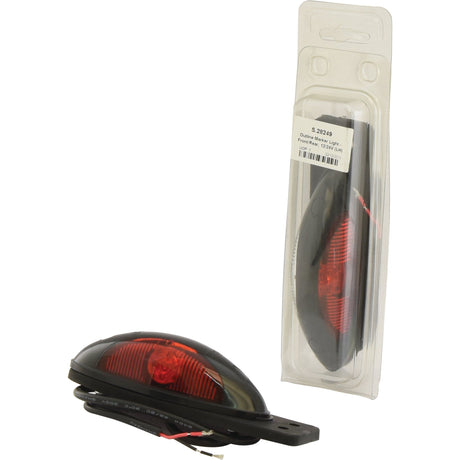 The image shows a sealed LED Outline Front/Rear Facing Marker Light, 12/24V - S.28249 by Sparex, featuring a red oval light with black housing and wires attached, along with manufacture information on the product label within the plastic packaging.