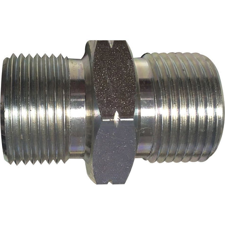 Close-up of a metallic threaded pipe fitting connector with hexagonal center for wrench grip, showing screw threads on both ends; this Hydraulic Adaptor M27 x 2.00 Metric Male x 3/4'' BSP Male by Sparex (Part No.S.28260) is ideal for precision fittings.