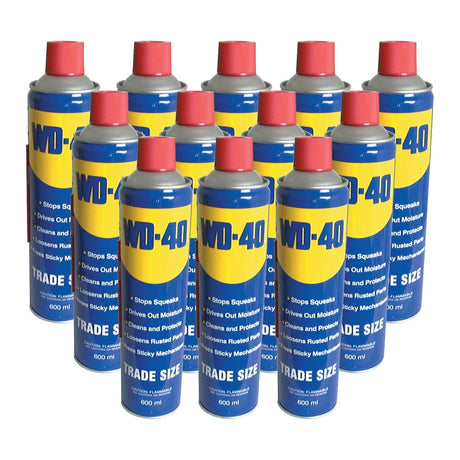 A case of 12 WD-40 Aerosol (600ml) cans from Sparex, featuring distinct blue and yellow labels with red caps, showcasing the versatile multi-purpose maintenance lubricant.