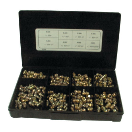 The Grease Nipples - Imperial (Handipak - 185 pcs.) from Sparex, Part No. S.2846, is a plastic organizer box with eight compartments. Each compartment contains various sizes of metal BSP fittings or connectors, and the inside lid features a label listing part numbers and measurements for easy reference.