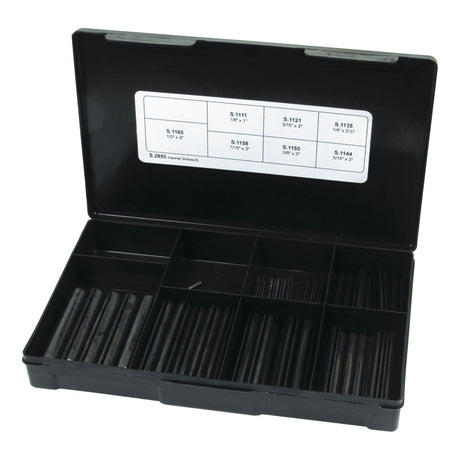 Sparex Imperial Roll Pins - 1/8'' - 1/2'', 70 pcs. (Din: 1481) Handipak includes a black plastic storage box with multiple compartments, each filled with roll pins or rods of varying lengths and diameters. A label on the inside of the lid lists product specifications for easy reference.