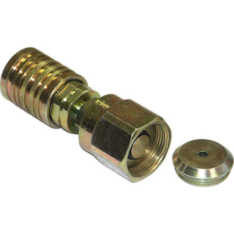 A metal hydraulic quick-connect coupling with its cap removed, showcasing the threaded interior and detailed metal construction, demonstrates the quality of a Sparex HYDR. COUPLING CONVERSION ASSEMBLY FEMALE - AGRIPAK (Part No.S.28513).