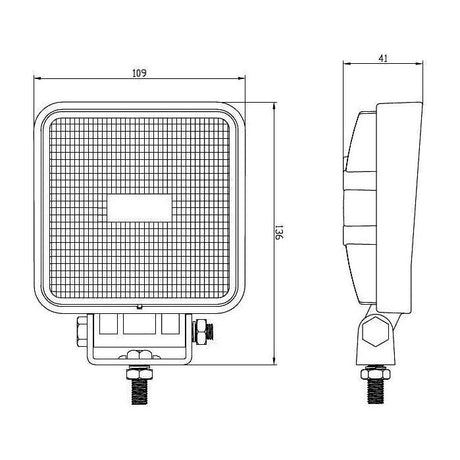 Technical diagram of the LED Work Light (S.28542) by Sparex, featuring front and side views with dimensions of 109 mm in width, 41 mm in depth, and 135 mm in height. This fixture, emitting 1800 raw lumens and operating within a 10-30V range, is suitable for various applications and provides essential manufacture information to aid in installation. Note: interference is not classified.