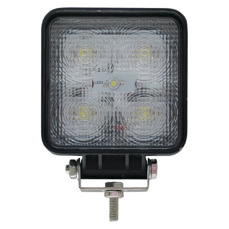 The Sparex LED Work Light (S.28542) delivers 1800 raw lumens with a voltage range of 10-30V. Designed in a square shape with a sleek black frame, it features four individual bulbs arranged in a 2x2 grid and includes a sturdy metal mounting bracket at the bottom, making it suitable for various settings.