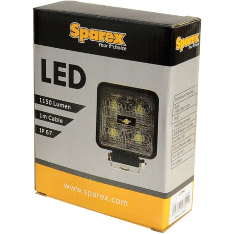 Box of Sparex LED Work Light, featuring 1800 lumens raw, a 1m cable, and IP67 rating. Product specifications are listed on the side, making it easy to see if this light is suitable for your needs.