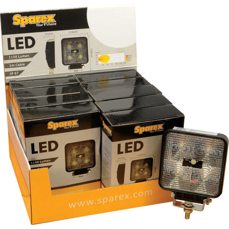 Display of boxed Sparex LED Work Lights (S.28542), with one light removed from packaging, showcasing product specifications and design. The LED Work Light has 1800 Lumens Raw and operates between 10-30V.