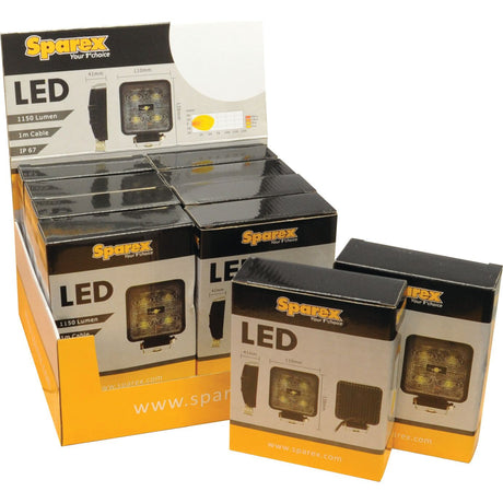 Boxes of Sparex brand LED Work Lights (Model S.28542) are displayed stacked atop and beside each other, showcasing the packaging and including detailed product specifications, such as producing 1800 Lumens Raw and operating within a 10-30V range.