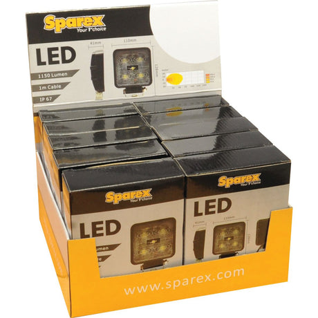 Display box containing multiple units of Sparex LED work lights, each box labeled with suitable product specifications including 1800 lumens, a 1m cable, IP67 rating, and product dimensions.