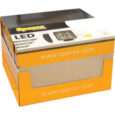 A product box for the Sparex LED Work Light, highlighting its features of 1800 lumens raw output, compatibility with 10-30V, and IP67 rating, suitable for various environments. The yellow and grey background showcases the brand website and manufacturing information.