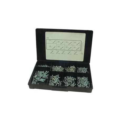 A small black organizer box containing multiple compartments filled with assorted Sparex Imperial Self Tapping Pan Head Screws (Size: No.4 - No.10 x 1/2 - 1'', DIN 7971B), featuring a printed guide on the inside lid.