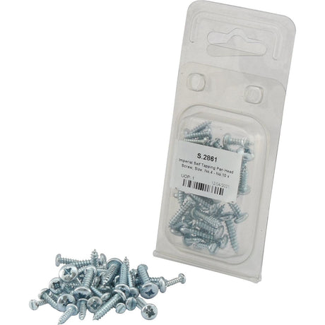 A blister pack of Sparex Imperial Self-Tapping Pan Head Screws, including a pile of loose screws in front. The pack is labeled with Sparex Part No. S.2861 and specifies that the screws range in size from No. 4 to No. 10 x 1/2" to 3/4", conforming to DIN 7971B standards for reliability.
